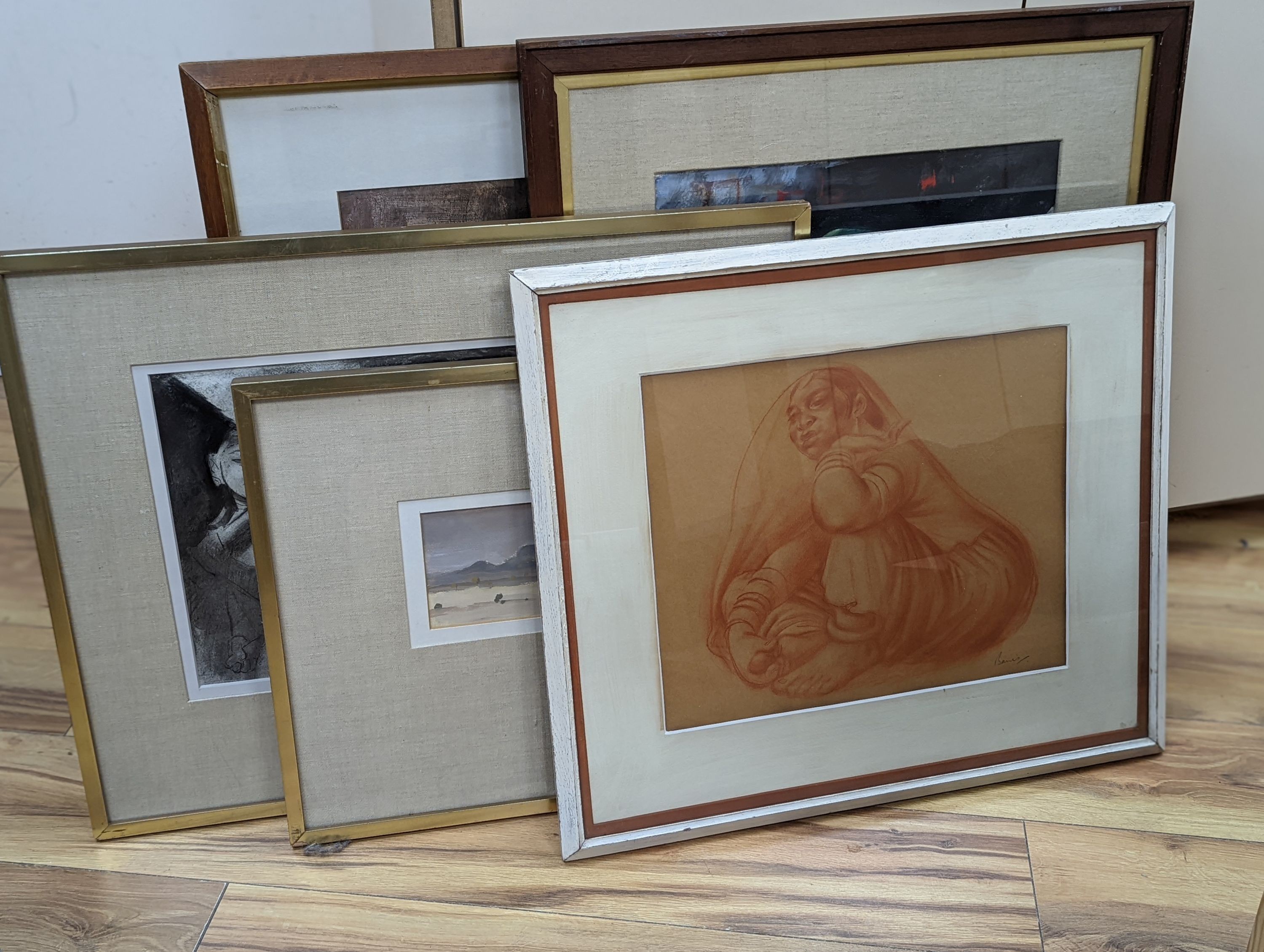 Harry Baines (1910-1995), five assorted works, 'Fruit Seller, Bombay', abstract 'Deccan Hills', 'Maithuna' and 'Marwari Woman', signed, some with labels, largest 42 x 57cm